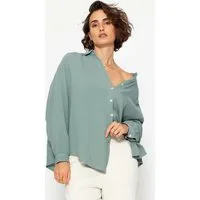 SASSYCLASSY Longbluse Oversize Musselin Bluse Damen kurz Langarm Elegant Hemdbluse lang aus Baumwolle mit V-Ausschnitt, One Size (Gr. 36-48)