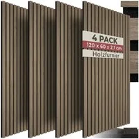tectake Wandpaneel Akustikpaneele aus MDF und Echtholzfurnier - Eiche dunkel, BxL: 60x120 cm, 0.72 qm, (Holzpaneele Sonic Wall, 4-tlg., Größe flexibel anpassbar) schallabsorbierender Filz, einfache Montage mit Kleber oder Schrauben