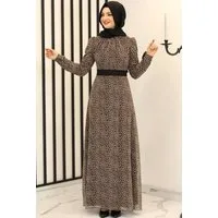 Modavitrini Chiffonkleid Damen Leoparden Kleid Sommerkleid Hijab Mode Modest Fashion (mit abnehmbaren Gürtel) Chiffon Kleid