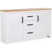 Homestyle4u Kommode Sideboard Weiß Anrichte Schrank Landhaus 3 Schubladen Eicheplatte, Schwarze Griffe