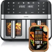 Arendo Heißluftfritteuse XXL Doppelkammer Airfryer 9L mit Backpapier & Zubehör, Dual Zone, 2400 W, Sichtfenster mit Beleuchtung, Umluftsystem, fettarmes gesundes Kochen