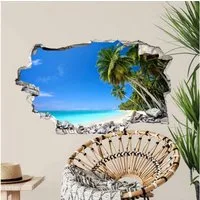 K&L Wall Art Wandtattoo 3D Aufkleber Badezimmer Paradise Ausblick Palmen Strandurlaub, Mauerdurchbruch Wandbild selbstklebend