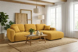Ecksofa mit Schlaffunktion BRUSK MAX in Stoff Pop Honiggelb Ottomane Rechts