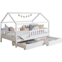Ticaa Hausbett Kay mit Rausfallschutz und Schubkasten aus Kiefer, Kinderbett 120x200, inkl. Dach, mit Rollrost, mit Matratze