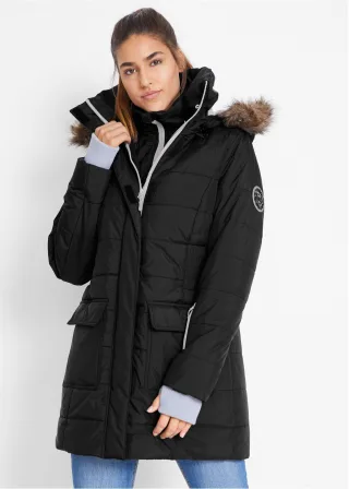 bonprix wasserabweisende Funktions-Longjacke in 2-in-1-Optik gesteppt, schwarz, Gr.52, Warme Winterjacke mit abnehmbarer Kapuze sowie abnehmbarem Fellimitat, mit formgebenden Nähten