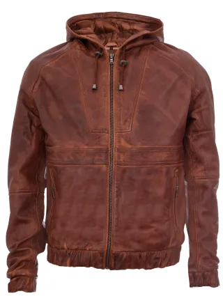 Bomber-Bikerjacke aus Leder mit Kapuze und Reißverschluss