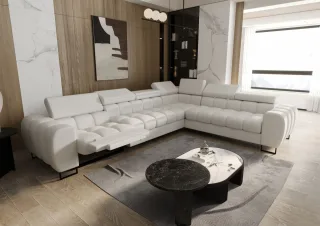 Ecksofa Schlafsofa BASTIEN RELAX in Stoff Terra Hellbeige Ottomane Rechts