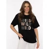 Zwillingsherz T-Shirt "Wild Wild Wild" großer, gestickter Schriftzug mit Leomuster, Rundhals