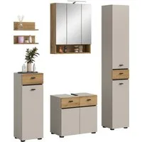 welltime Badmöbel-Set VANN, 6-teilige moderne Badkombination, inkl. Beleuchtung, (6-St., Midischrank, 2er Set Wandregal, WBU, Spiegelschrank, Hochschrank), Bad-Kombination, Bad-Möbel, Badezimmer, Kombination, Kombi, Bad-Set