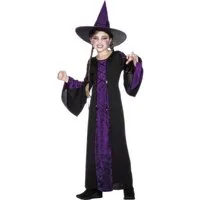 Smiffys Hexen-Kostüm Düstere Hexe - Halloween Kostüm Kinder Mädchen, Bodenlanges Halloweenkostüm mit Hexenhut für Mädchen