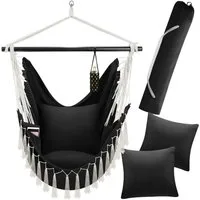 tectake Hängesessel Hängeschaukel, Belastbarkeit 150 kg, ca. 100 x 150 x 150 cm (Hängestuhl Malika, in Schwarz), dicke Kissen, mit Bücherfach & Flaschenhalterung, inkl. Tragetasche