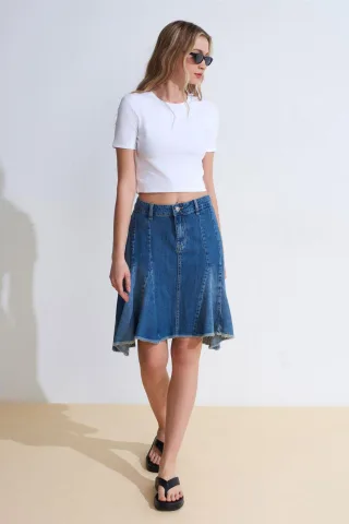 Hochtaillierter Midi A-Linien Jeansrock