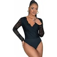 Lau-Fashion Body Spitze Langarm Bodysuits Unterwäsche Blumen Dessous Reizwäsche S/XL