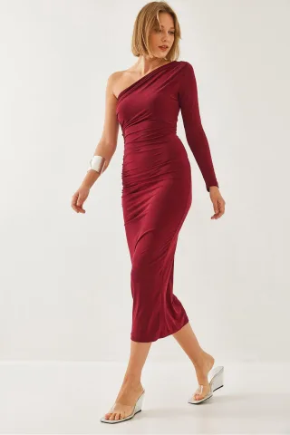 Asymmetrisches Kragen Rüschendes Midi-Kleid