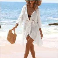 MOPUEA Strandkleid Damen-Kimono Strandkleid Tunika V Ausschnitt Knielang Atmungsaktiv (Set, 1-tlg., langärmelig, gehäkelt) Einsatzbereich: Strand, Pool, Urlaub, Freizeit, Spa