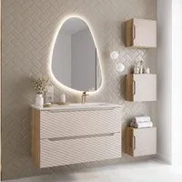 Lomadox Badmöbel-Set OLUO-56-BEIGE, (Spar-Set, 5-St., LED-Spiegel Waschtisch Hängeschränke), mit 90cm Keramikwaschbecken, Eiche mit beige, 3D-Oberfläche