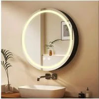 WDWRITTI Spiegelschrank Badezimmer mit Beleuchtung 80 Badezimmerspiegelschrank mit LED (Wandschrank Badezimmer Rund 80x80cm, 3Lichtfarben, Dimmbar, Anti-fog, Speicherfunktion) Schrank Metall, Stahlblechregale, mit Netzadapter, IP44