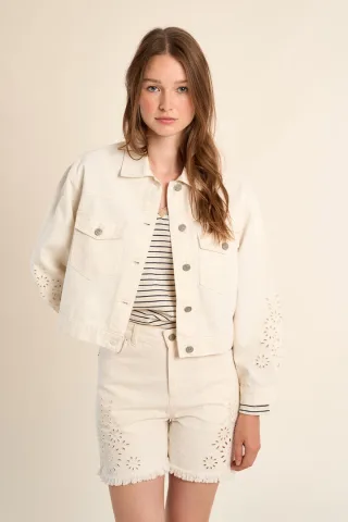 molly bracken - Kurze Jeansjacke mit Lochstickerei beige - Gr. - L