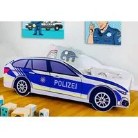 Kids Collective Autobett Kinderbett Jugendbett Polizei 70x140, 80x160 cm mit Rausfallschutz, Polizeiauto Polizisten Kinderspielbett mit Matratze 80x160 cm