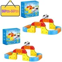 Goldstern-Tech Spielzeugeisenbahn-Set Magnetische Zugbahn Baukasten, (112-tlg., Wählbar als 56, 80 oder 150 Teile Rennbahn Set), Magnetische 3D Zugstrecke – flexibel & motorisiert