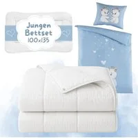 Carpe Sonno Kinderbettdecke + Kopfkissen + Bettwäsche 100x135 40x60 Baby Säugling Bettset Erstlingsausstattung, Füllung: silikonisierte Hohlfaser, Bezug: 100% Polyester, Babybett Bettenset ALL IN ONE Jungen Bären