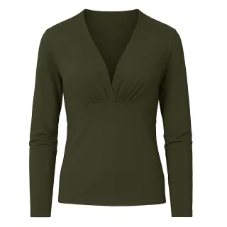 Damen-Oberteil aus Viskose-Elasthan-Jersey – Langarm, tiefer V-Ausschnitt – Dunkelkhaki