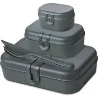 KOZIOL Lunchbox, Holz, Kunststoff, (Set, 6-tlg., 3 Lunchboxen +1 Besteckset bestehend aus 1x Messer,1x Gabel, 1x Löffel), biozirkulärem Material,spülmaschinengeeignet,melaminfrei,recycelbar