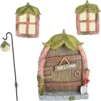 CEPEWA Gartenfigur Feentür 'Welcome' 4teilig Polyresin bunt Türe 2 Fenster Laterne