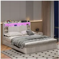 zebery Polsterbett 140x200 Doppelbett LED Hydraulisch anhebbarer Stauraumbett (Kopfteil mit Stauraum,Mit Lattenrost,Leinen), Modernes Jugendbett 140x200cm mit USB&Type-C,Beige