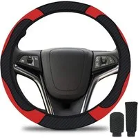 LuxusKollektion Lenkradbezug Lenkradabdeckung 3 Teiliges Set Echtes Leder 37-39cm Schwarz-Rot