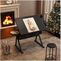 BBWL Zeichentisch mit 2 Schubladen MDF Holz Schreibtisch inkl Hocker, Zeichentisch höhenverstellbar für Home Office Schule