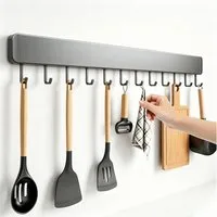 Keyura Hakenleiste Garderobenleiste 30/40/50cm,Küche Hängeleiste, 6/8/10 bewegliche Haken, (Küchenhalterung ohne bohren, Bohrfreie oder gebohrte Montage möglich, Haken aus Raumfahrt-Aluminium für Schlafzimmer Bad Küche-Silbergrau)