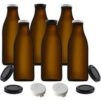 mikken Trinkflasche 6x Milchflasche 1,0 L Braunglas mit Ersatzdeckel, 1 L, inkl. Beschriftungsetiketten