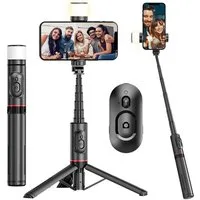 MOPUEA Halterung Handy-Selfie-Stick multifunktionaler Handy-Halterung Teleskop Stative, (Bluetooth-Fernbedienung, 1-tlg., 360° drehbares Aufhelllicht, Tragbares, verstecktes All-in-One-Design)