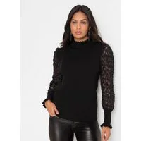 bonprix Stehkragenpullover Viskose-Mix, Kragen + Ärmel mit gewellter Kante, transparente Ärmel