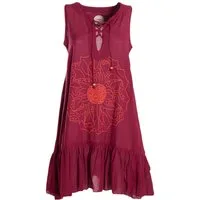 Vishes Tunikakleid Damen Hängerkleid Baumwolle Blumen Lagenlook mit Schnüren Holzperlen Alternative Bekleidung, Ethno, Hippie, Retro Style