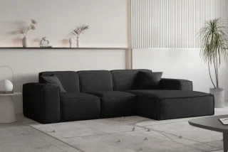 Ecksofa Designersofa CELES PREMIUM Stoff Ascot Bukla Schwarz Ottomane Rechts