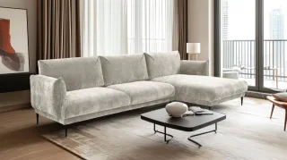 Ecksofa Designersofa MADISON in Stoff Dress Me Creme Ottomane Rechts