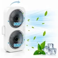 MOPUEA Standventilator 90° Drehbar Doppelkopf Ventilator Luftzirkulator USB Tischventilator, 3 Windstufen Mit Handyhalterung Stand- & Wandmontage Akku Leise