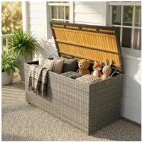 Outsunny Gartenbox mit FSC-Holz-Deckel, Gasdruckfedern, Innenfutter (Auflagenbox, 1 St., Aufbewahrungsbox), für Garten Balkon Pool Dunkelgrau