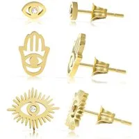 Made by Nami Ohrstecker-Set 3er Set Gold Ohrringe aus Chirurg. Edelstahl Wasserfester Schmuck, mit Hand der Fatima und Türkisches Auge - Nazar Boncuk