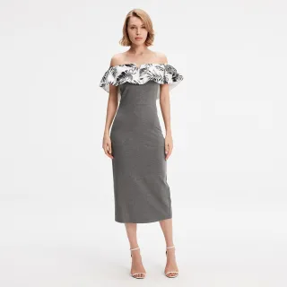 Bi-Material Bodycon Kleid mit Off-Shoulder bedruckt