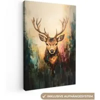 OneMillionCanvasses® Leinwandbild Hirsch - Gemalt - Geweih - Braun, Fotodruck (1 St), Leinwand Canvas Wandbild, Wanddekoration 20x30 cm