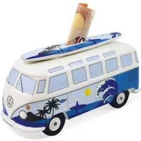 VW Collection by BRISA Spardose Volkswagen Sparschwein im T1 Bulli Bus Design mit Surfbrett, Geldbüchse aus hochwertiger Keramik