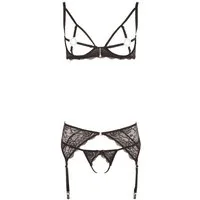 Abierta Fina Set: Bügel-BH Dessous-Set mit Nippelringen und Strumpfhalter - schwarz (3-tlg) mit Spitze, ouvert