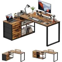 Furnicopia Eckschreibtisch 140cm mit Monitorarm, Computertisch mit drehbarer Tischplatte (Flexibel und schwenkbar, mit Steckdosen (2 Steckdosen + 2 USB-Anschlüsse), 3 großen Schubladen, 2 Ablageflächen)