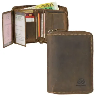 Herren Geldbörse mit Reißverschluss und Münzfach Leder braun | Greenburry Vintage Portemonnaie 9 Kartenfächer und RFID Schutz 821A-25