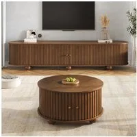 Merax Wohnzimmer-Set mit Couchtisch & TV-Lowboard Set im Retro Design, (1-St), Wohnzimmerset mit Schiebetüren, Reliefstruktur, Metallfüßen & Stauraum