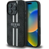 Guess Handyhülle iPhone 16 Pro Kunstleder grau mit Logo Muster Streifen MagSafe 6,3 Zoll, Kantenschutz