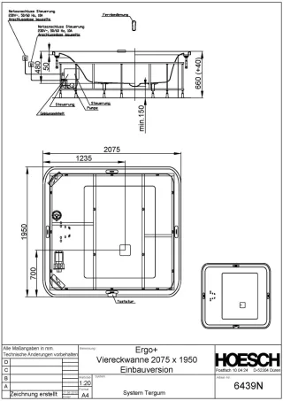 Hoesch Whirlwanne Ergo+ Quadrat 2075x1950 freistehend mit System Tergum Whirl Weiss/Chrom/Glas Schwa 6444N.010305552